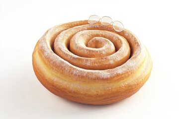 Fototapeta premium A large, spiral-shaped cinnamon roll dusted with powdered sugar, topped with eyeglasses.