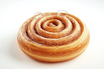 Fototapeta premium A delectable cinnamon roll, golden-brown and dusted with powdered sugar, sits on a white background.
