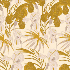 Vintage retro style iris pattern on beige background, seamless repeating pattern, minimal pattern iris flowers, vintage floral, retro design, seamless iris pattern, stationery, wallpaper