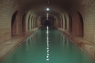 Fototapeta premium Tunnel with water channel: A symmetrical view of an arched brick tunnel filled with water, illuminated by overhead lights and ending in darkness.