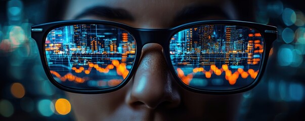 Close-up on reflective glasses showcasing digital data and urban lights