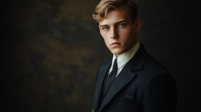 Vintage, antique portrait of a handsome young man wear suit and tie in the 1900