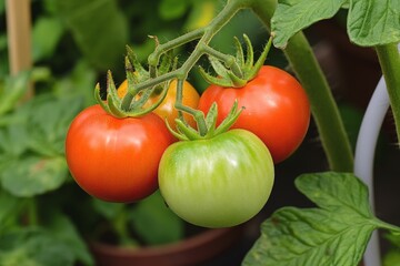 Fresh tomatoes ripening on the vine in a home garden during late summer
