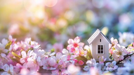 Tiny house surrounded by nature and pink blooms, symbolizing home and tranquility.

