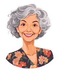 Relaxed elderly Hispanic woman with short curly hair enjoys a bright moment in a floral top, radiating happiness and warmth