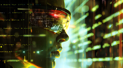 A person wearing augmented reality glasses, immersed in a virtual world, with glowing data streams in the background

