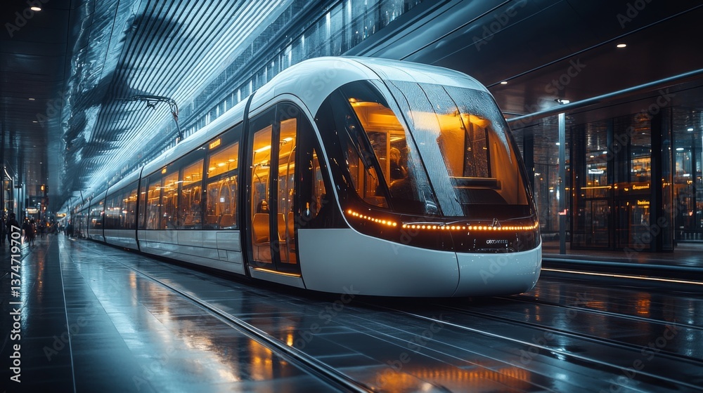 Poster an automated subway train stands at a bustling urban transit station, illuminated by warm lights, as