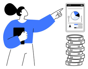 Woman holding tablet points to smartphone screen with charts and data, next to coin stack. Ideal for finance, investment, digital economy, budgeting, fintech, savings wealth management. Flat simple