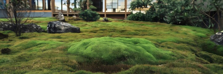 Tranquil garden with vibrant moss and scattered rocks – Suitable for landscape architecture, peaceful retreats, or outdoor wellness spaces.
