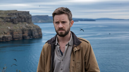 Coastal contemplation rugged landscape thoughtful man serene ocean view
