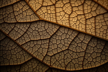 Intricate venation pattern of dry, brown leaf.