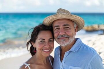 Smiling portrait of a middle aged Hispanic couple on a vacation on a tropic beach