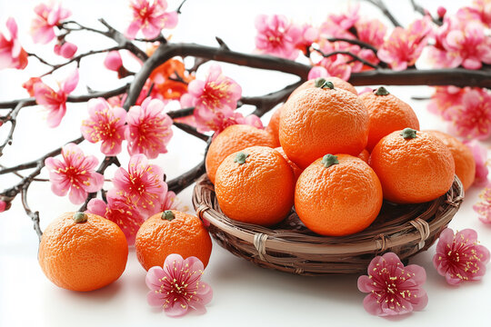 Woven basket overflowing with vibrant mandarin oranges, adorned with delicate pink sakura blossoms against white background.