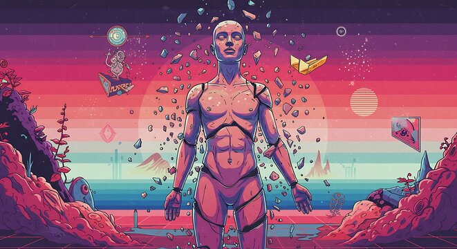 Robot Figure Standing Amidst Retro Sci-fi Landscape with Surreal Elements