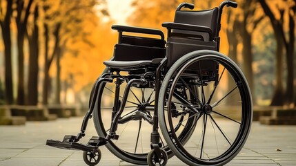 Obraz premium Empty wheelchair stands on a paved path in a peaceful park during autumn