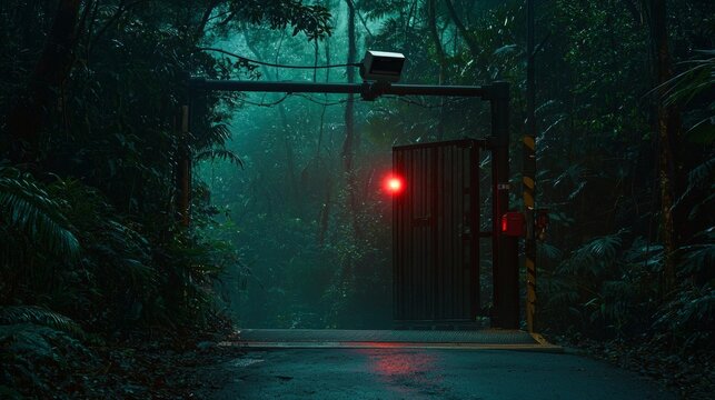 Mysterious gate in dense forest illuminated by red light at dusk