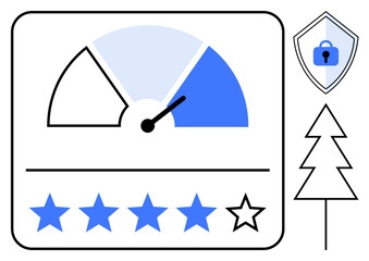 Dashboard with speedometer gauge showing performance level, star rating out of five, security shield with a lock, and tree icon. Ideal for performance monitoring, security assessment, rating systems