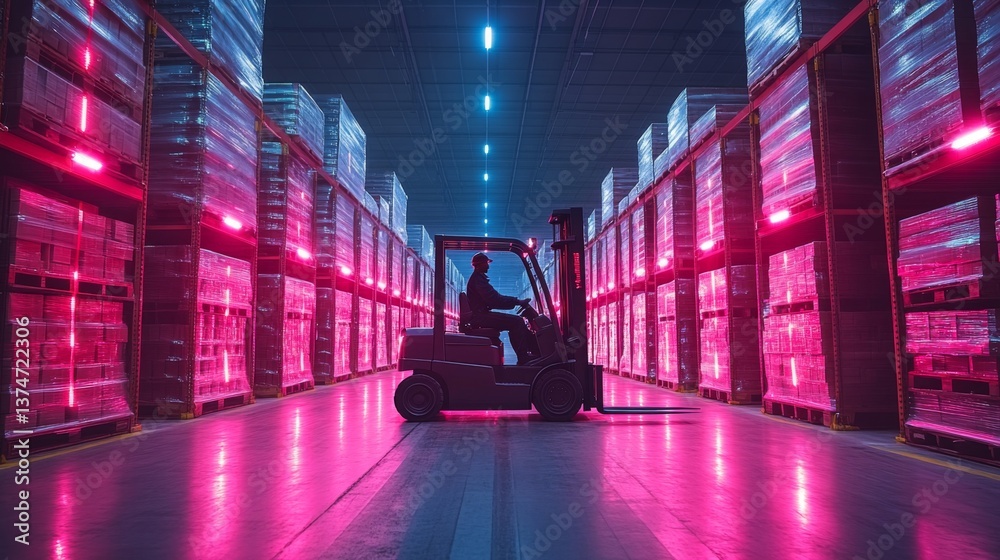 Aufkleber A forklift operator navigates along aisles filled with stacked pallets, illuminated by vibrant colored lights, efficiently moving inventory in a bustling warehouse environment.