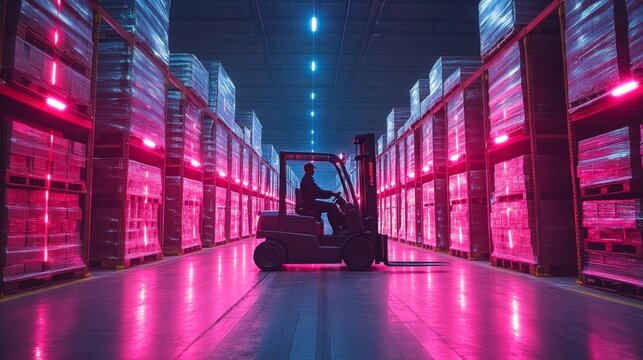 A forklift operator navigates along aisles filled with stacked pallets, illuminated by vibrant colored lights, efficiently moving inventory in a bustling warehouse environment. - Powered by Adobe