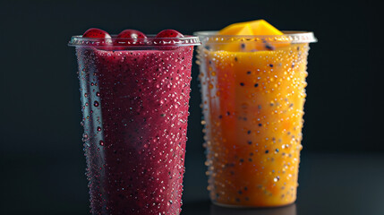 Refreshing berry and mango smoothies in takeaway cups with condensation and dramatic lighting, showcasing summer freshness.

