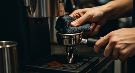 A barista cleaning a portafilter with a towel on a coffee machine in a dimly lit environment