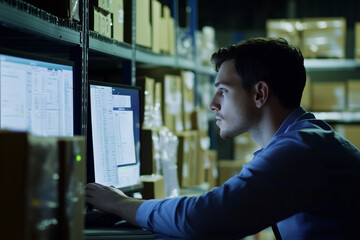 Warehouse Worker Using Computer at Night, Inventory Management and Logistics Control Scene