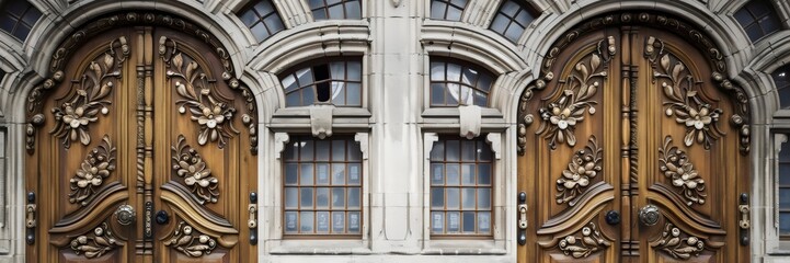 Obraz premium Ornate wooden doors with intricate carvings in a vintage building