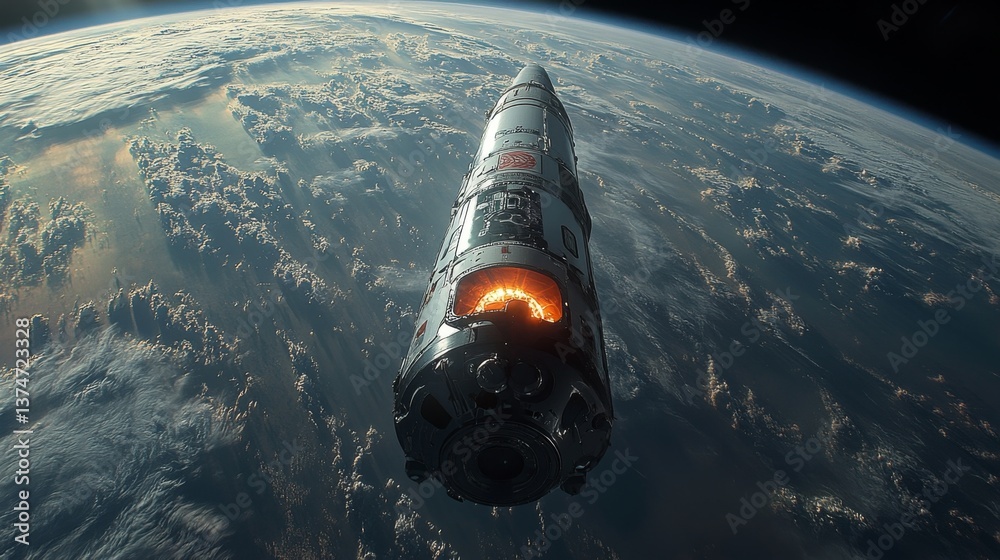 Poster Rocket engages retropropulsion systems to slow descent as it approaches Earth, highlighting advanced recovery technology for safe landings after spaceflight.