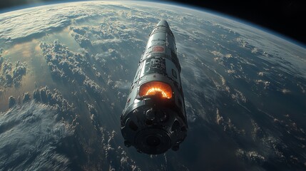 Rocket engages retropropulsion systems to slow descent as it approaches Earth, highlighting advanced recovery technology for safe landings after spaceflight.