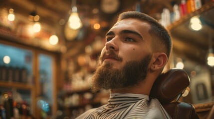 Man enjoying grooming session at a barbershop with a trimmer and stylish decor in the background