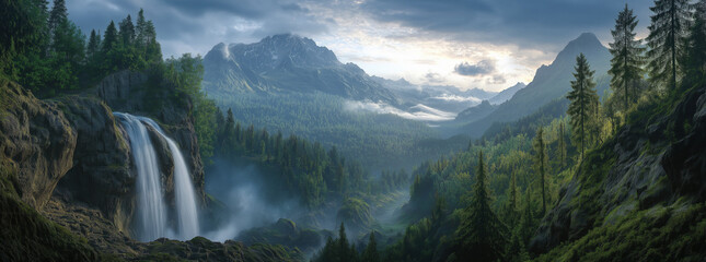 A secluded waterfall flowing through a lush green valley, surrounded by towering mountain peaks and dense forests