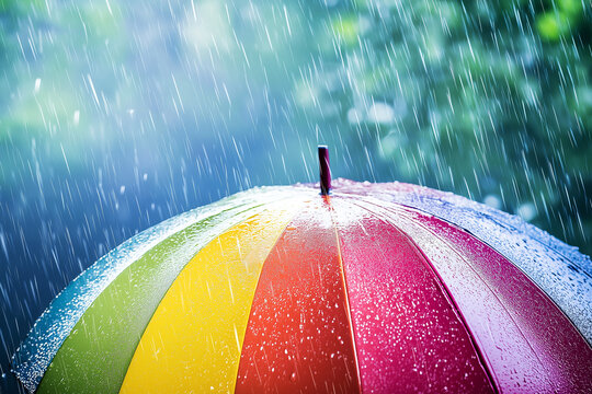 A vibrant rainbow umbrella standing out against a heavy rain shower, creating a colorful contrast