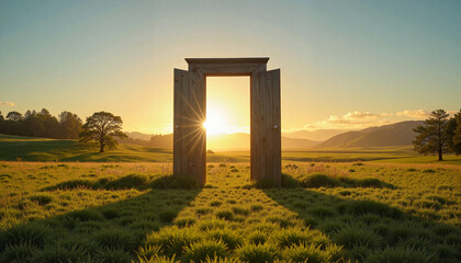 Ajar doorway glowing in summer meadow at sunset, new beginnings