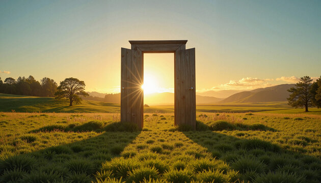 Ajar doorway glowing in summer meadow at sunset, new beginnings