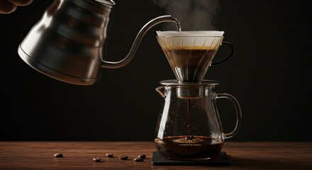 Pour over coffee being made with a metal kettle and glass carafe on a wooden surface and black background