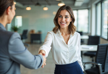 Professional Businesswoman Handshake in Modern Office