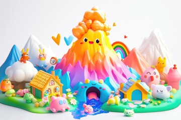 Obraz premium A whimsical 3D render of a vibrant, colorful landscape featuring cute cartoon characters, houses, and a smiling volcano.