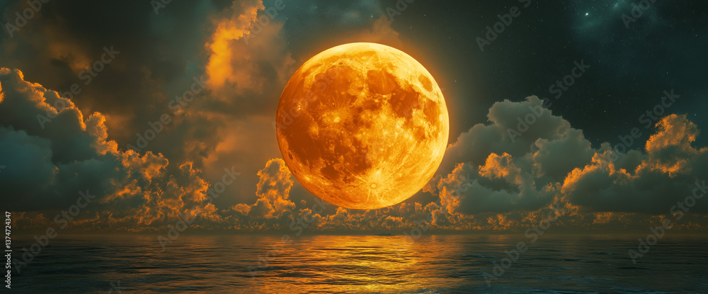 Wall mural a captivating blood moon scene with the moon's reflection shimmering on the water's surface, creatin