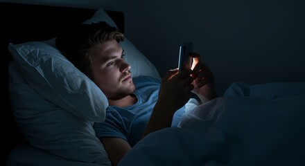 Man using smartphone in bed at night insomnia concept blue light effect sleep disorder mobile phone addiction