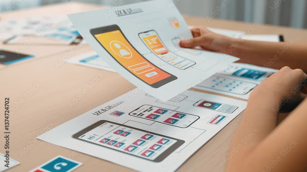 Fototapete startup company employee planning for user interface prototype for mobile application or website in 