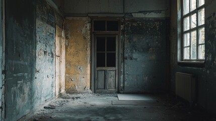 Abandoned room with peeling paint and an old door in a derelict building during daylight