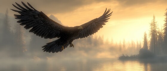 Majestic bird soars over tranquil water, forest edge & golden light at dawn, wings spread