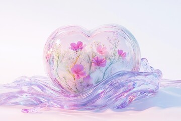 Obraz premium Heart-shaped glass encases delicate pink flowers and white blossoms, resting on a flowing, iridescent wave.