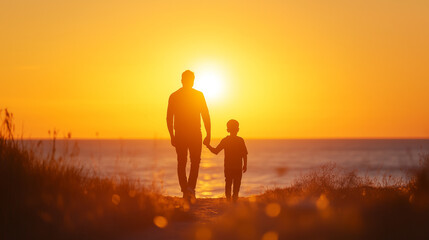Fototapeta premium Golden Moments: Parent and Child in the Sunset