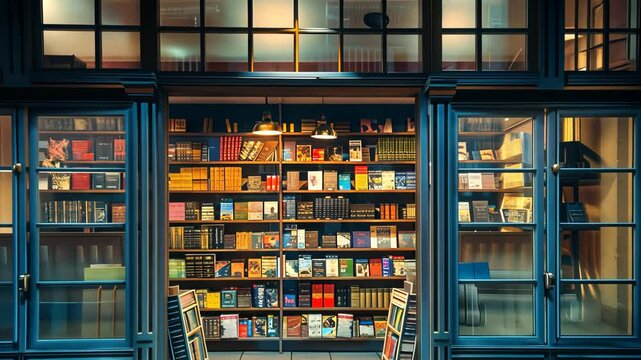 Bookstore window display showcasing new releases and bestsellers
