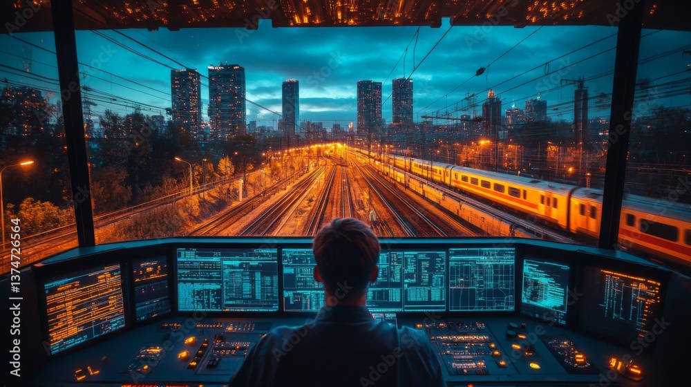 Poster a person operates complex controls in a high tech control room, overseeing city train lines illumina