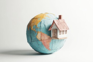 A small house sits atop a cracked globe, symbolizing global housing issues and the fragility of our planet.