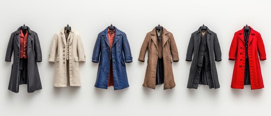 Six long coats, different colors and textures, hanging from hooks against a white wall