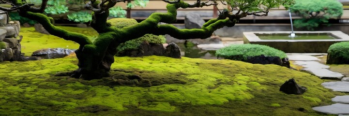 Naklejka premium Serene Japanese garden with a moss-covered tree, stone path, and water feature