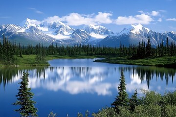 frozen tundra with its quiet lake cradled by snow-draped expanses and an intense mood of aloneness and flawless splendor  
